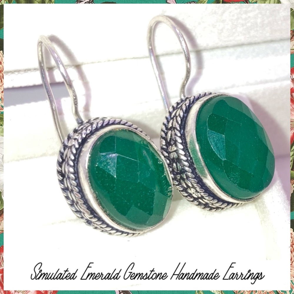 Simulated Emerald Gemstone Handmade Dangle Drop Earrings